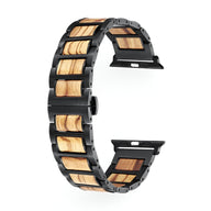 Bracelet de montre en bois naturel et métal noir pour Apple Watch, style masculin et élégant.