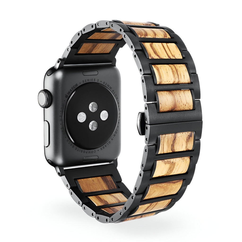 Bracelet de montre Apple Watch en bois naturel et acier noir pour homme, style Franck, liens alternés bois clair et métal.