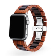 Bracelet pour Apple Watch en bois de Noyer et ébène noir, boucle déployante métal argenté.
