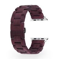 Bracelet montre en bois amarante foncé avec maillons larges et attache acier pour Apple Watch.