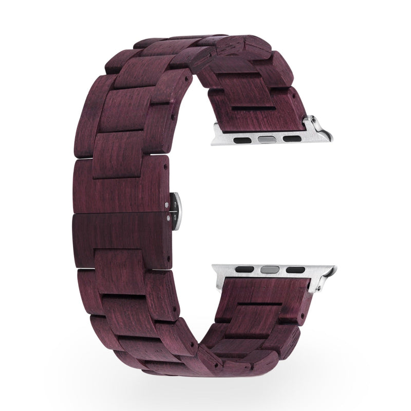 Bracelet montre en bois amarante foncé avec maillons larges et attache acier pour Apple Watch.