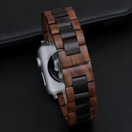 Bracelet de montre connecté en bois Noyer et Ébène noir pour Apple Watch, design naturel et élégant.