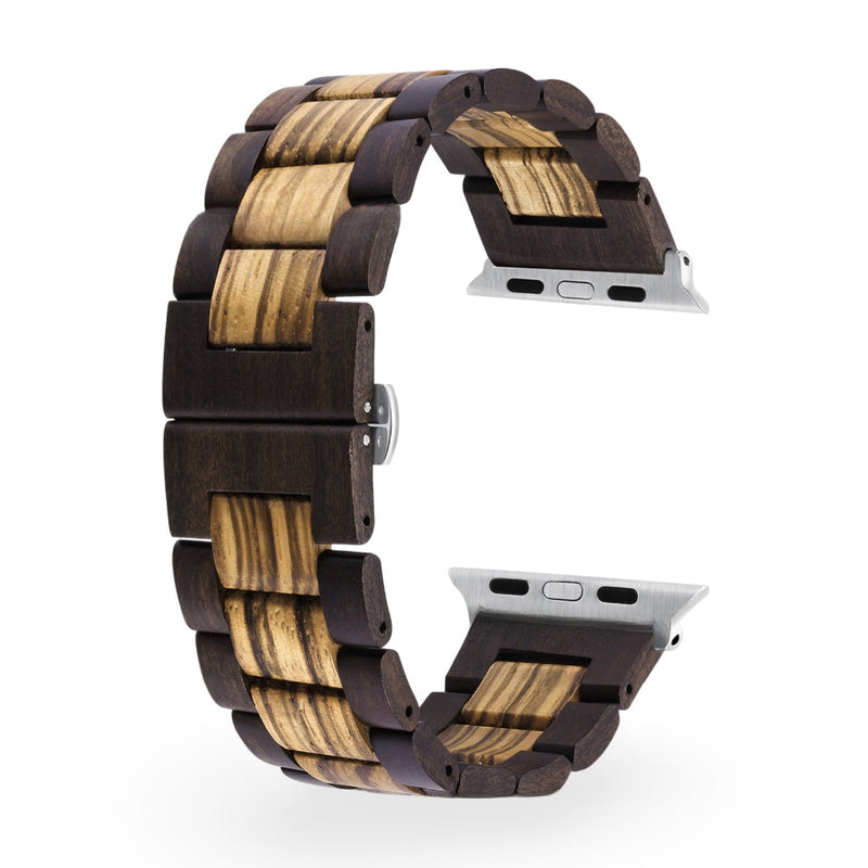 Bracelet en bois Zébrano et ébène noir pour Apple Watch, finition élégante et naturelle.