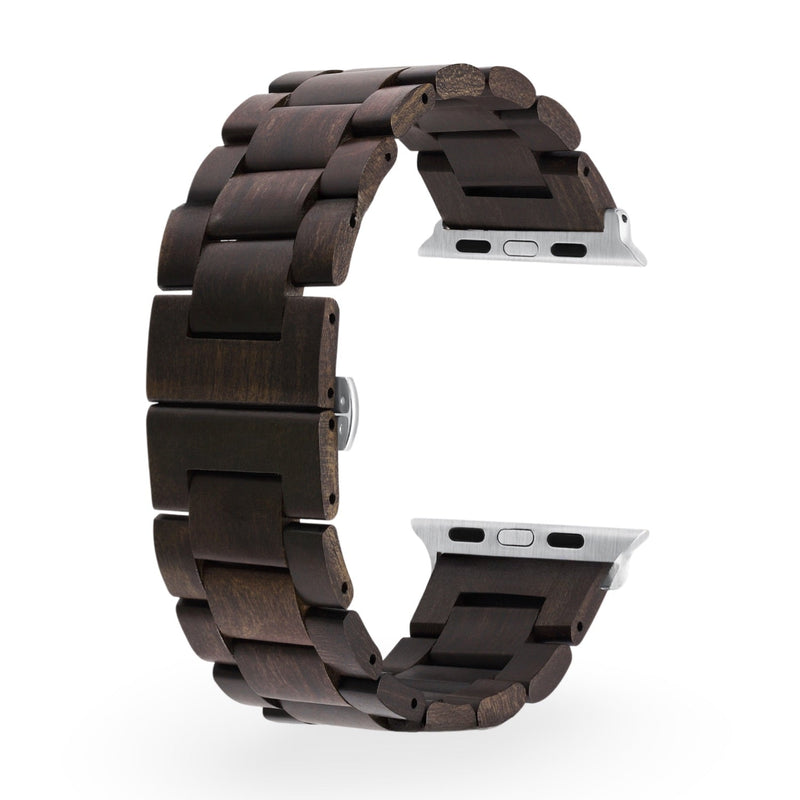 Bracelet Apple Watch en bois d’ébène noir, maillons larges, finition mate élégante.