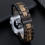 Bracelet pour Apple Watch en bois naturel zébrano et ébène noir, design élégant pour homme.