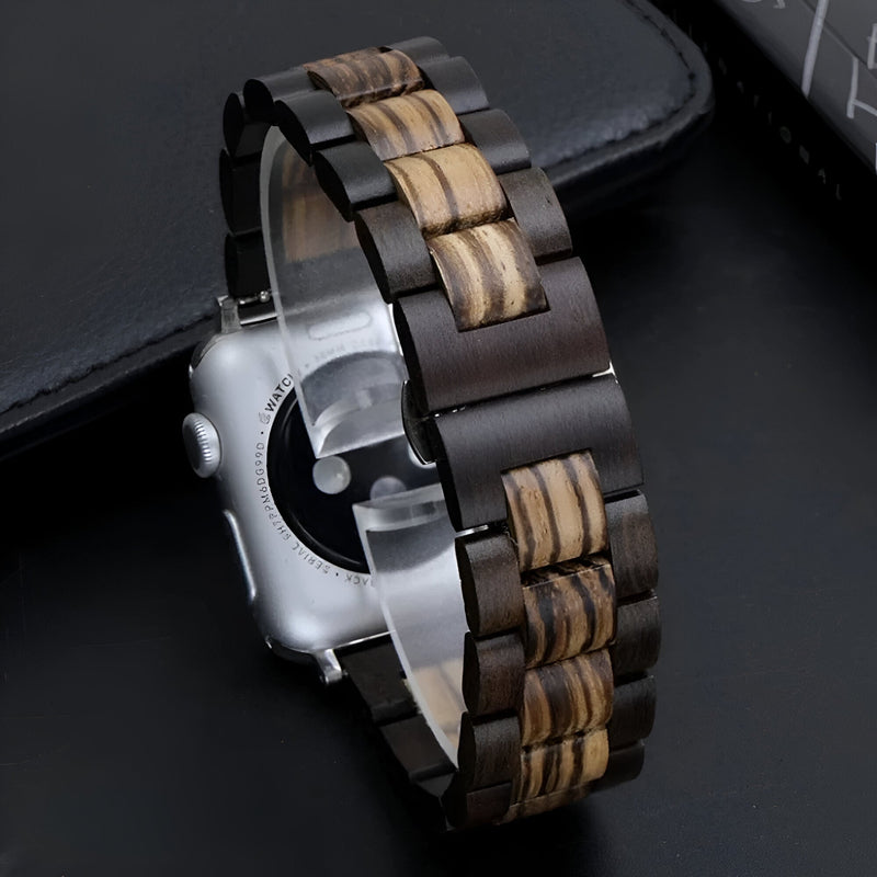 Bracelet pour Apple Watch en bois naturel zébrano et ébène noir, design élégant pour homme.