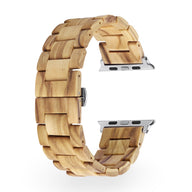 Bracelet Apple Watch en bois d'érable clair à maillons larges avec attache argentée.