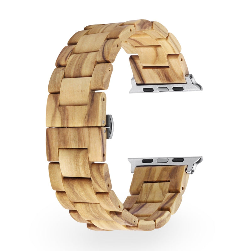 Bracelet Apple Watch en bois d'érable clair à maillons larges avec attache argentée.
