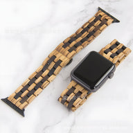 Bracelet de montre en bois zébrano et ébène noir, design maillons pour Apple Watch, style naturel et masculin.