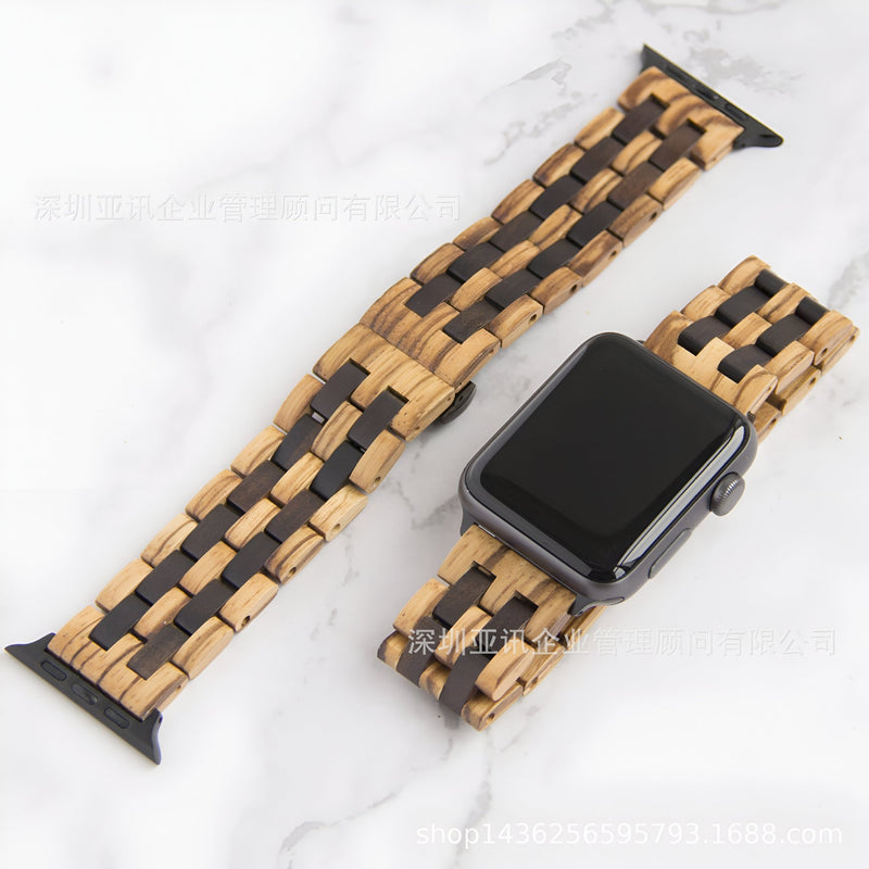 Bracelet de montre en bois zébrano et ébène noir, design maillons pour Apple Watch, style naturel et masculin.