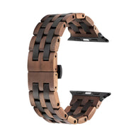 Bracelet de montre Apple Watch en bois zébrano et ébène noir, design segmenté pour homme.