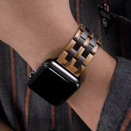 Bracelet en bois zébrano et ébène noir, maillons larges, pour Apple Watch, style naturel et masculin.