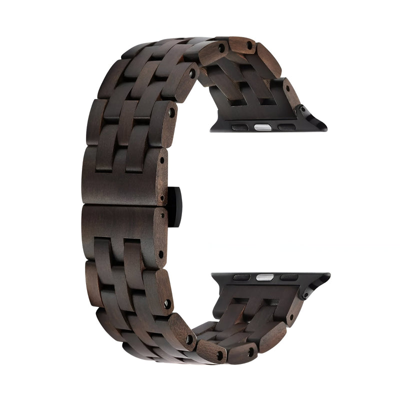 Bracelet pour Apple Watch en bois d'ébène noir avec maillons larges et fermoir intégré.