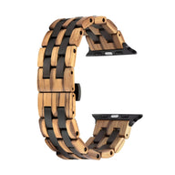 Bracelet de montre en bois zébrano et ébène noir pour Apple Watch, style naturel et élégant.