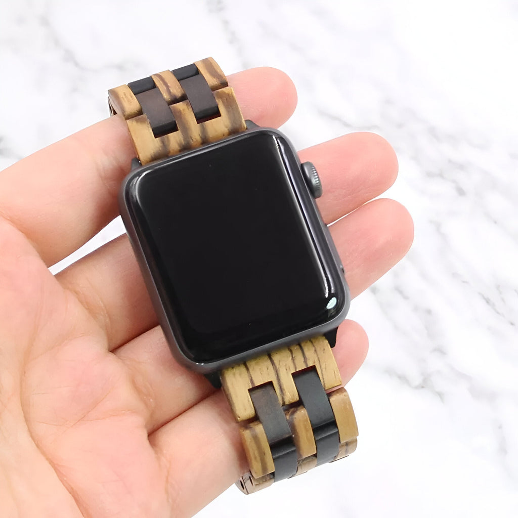 Bracelet de montre Apple Watch en bois zébrano et ébène noir, style naturel et élégant pour homme, taille 38-42 mm.