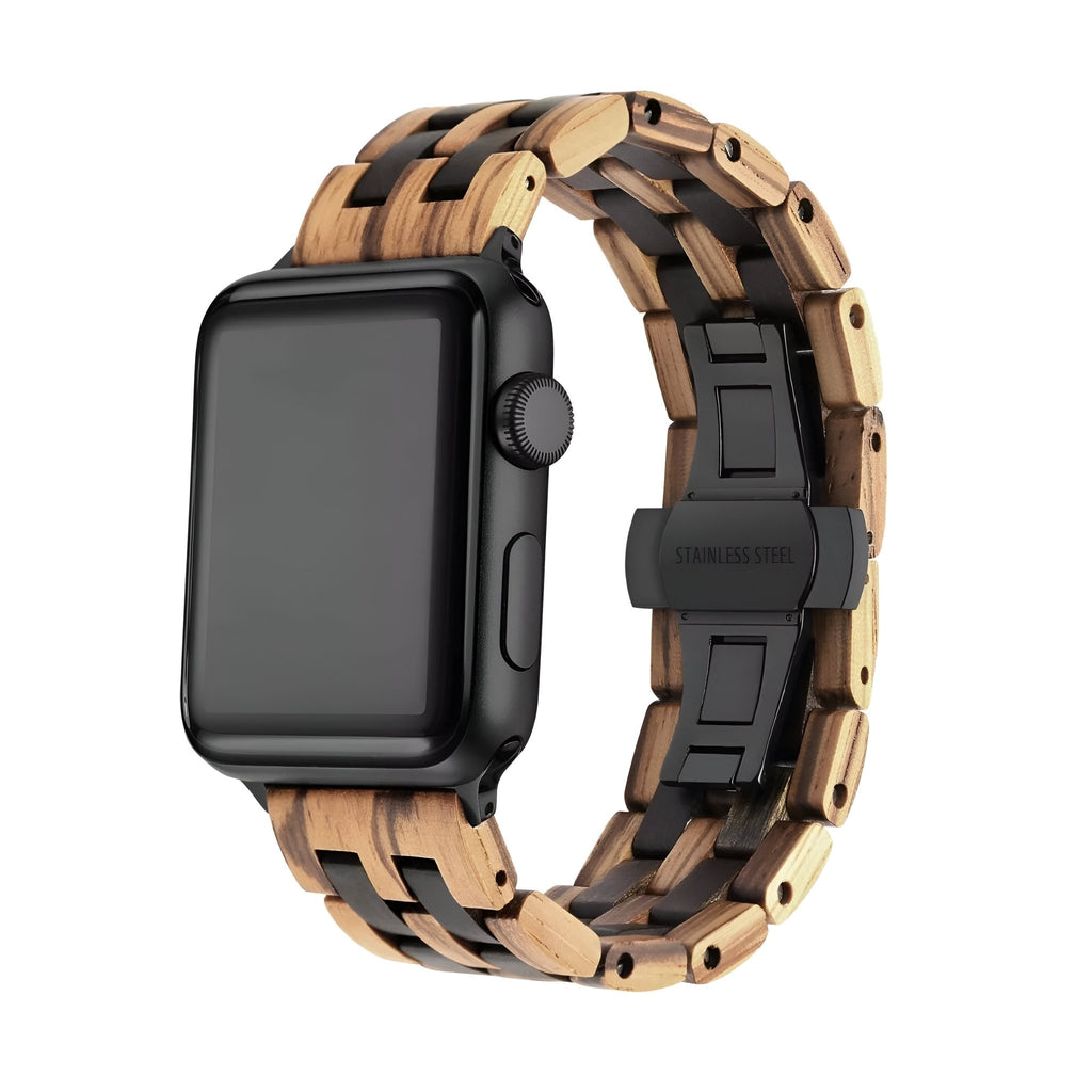 Bracelet Apple Watch en bois zébrano et ébène noir, design naturel et masculin, fermeture déployante noire.