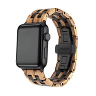 Bracelet Apple Watch en bois zébrano et ébène noir, design naturel et masculin, fermeture déployante noire.