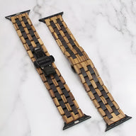 Bracelet montre Apple Watch en bois zébrano et ébène noir, maillons rectangulaires, fermoir noir élégant.