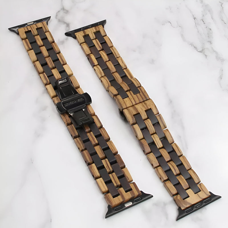 Bracelet montre Apple Watch en bois zébrano et ébène noir, maillons rectangulaires, fermoir noir élégant.