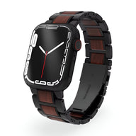 Bracelet de montre connecté pour Apple Watch en bois de santal et acier noir, style masculin élégant.