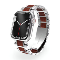 Bracelet montre Apple argent avec inserts bois de santal brun, design élégant homme, modèle Zélio.