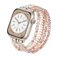 Bracelet de montre Apple Watch rose en cristal scintillant multi-rangs avec perles facettées.
