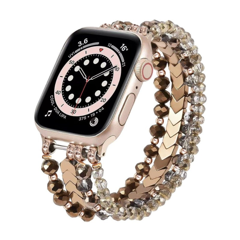 Bracelet de montre Apple Watch Karmelle en cristal scintillant et perles rose doré double tour.
