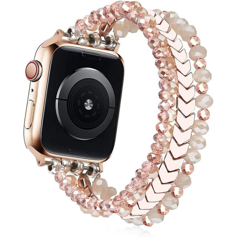 Bracelet pour Apple Watch rose en cristal scintillant multi-rangs avec fermoir ajustable.