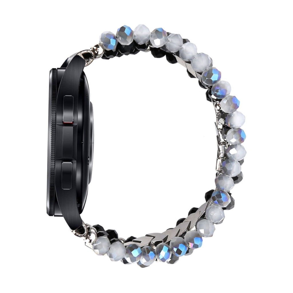 Bracelet pour montre Samsung Galaxy avec perles cristal scintillant bleu et blanc sur chaîne argentée.