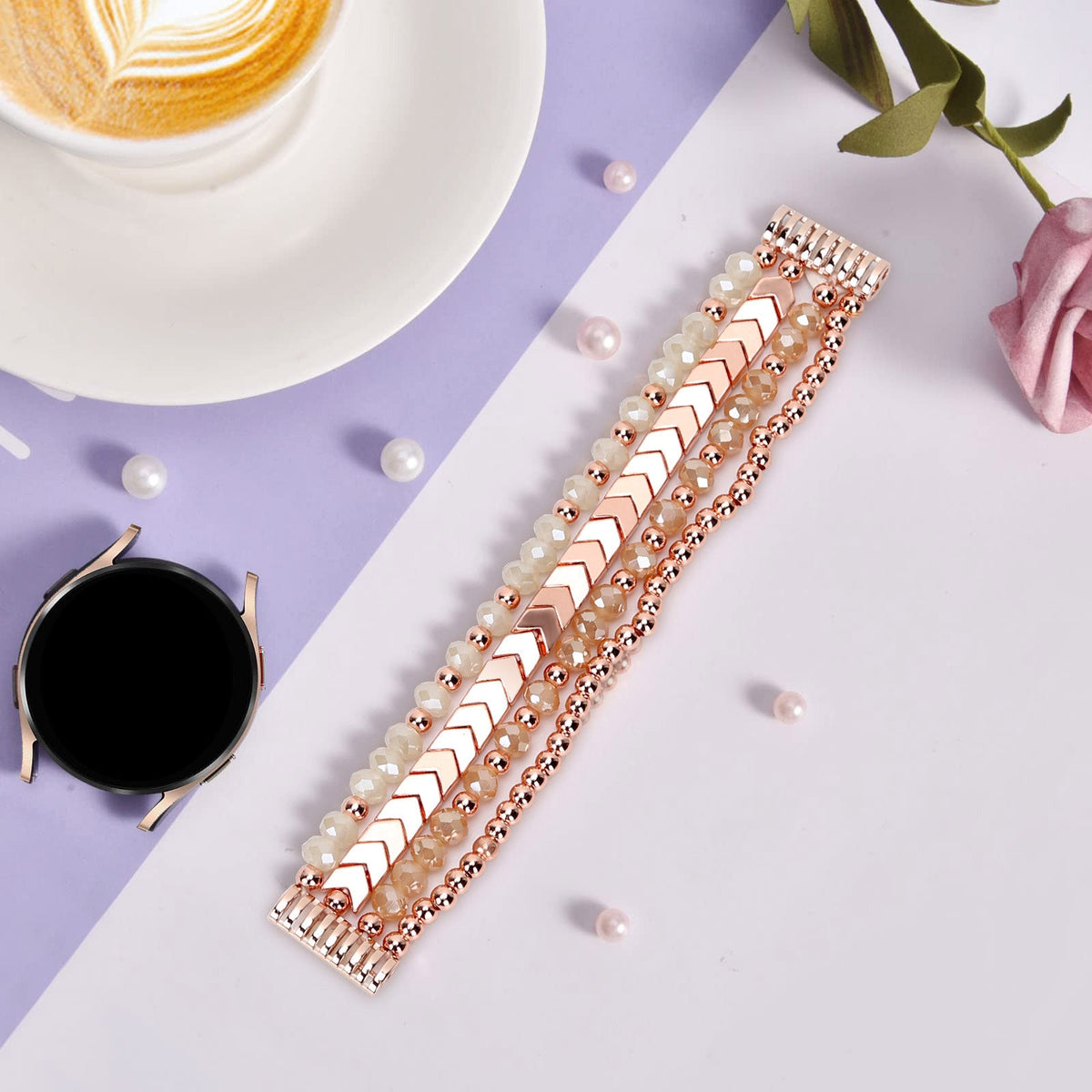 Bracelet de montre connectée rose en cristal scintillant avec maillons élégants, 20 mm.