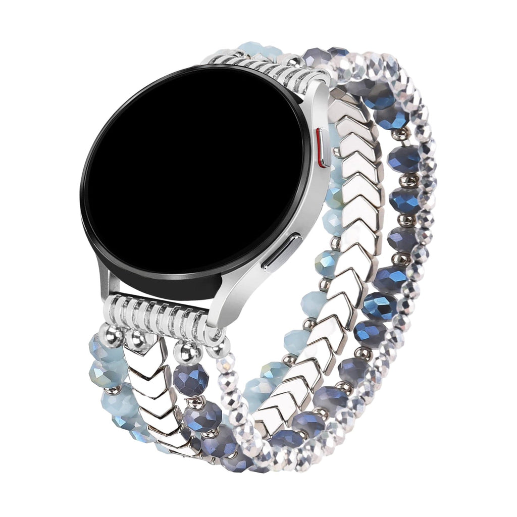 Bracelet de montre connecté bleu et argenté avec cristaux scintillants pour Samsung Galaxy Watch, modèle Lévana, 20 mm.