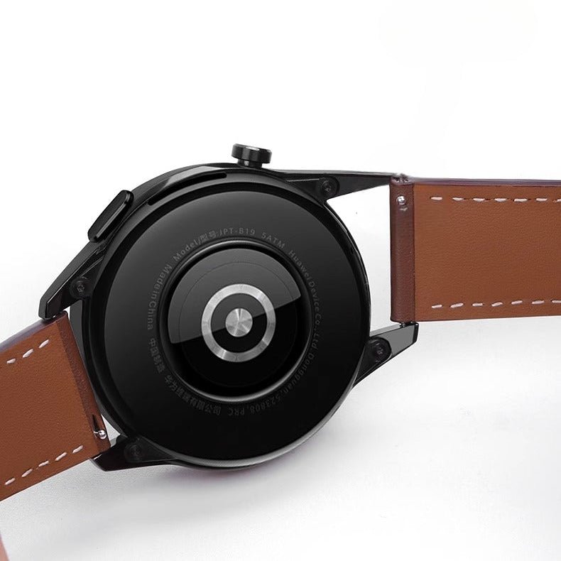 Bracelet en cuir marron avec coutures blanches pour montre Huawei Watch, modèle Lujo, attaches noires.