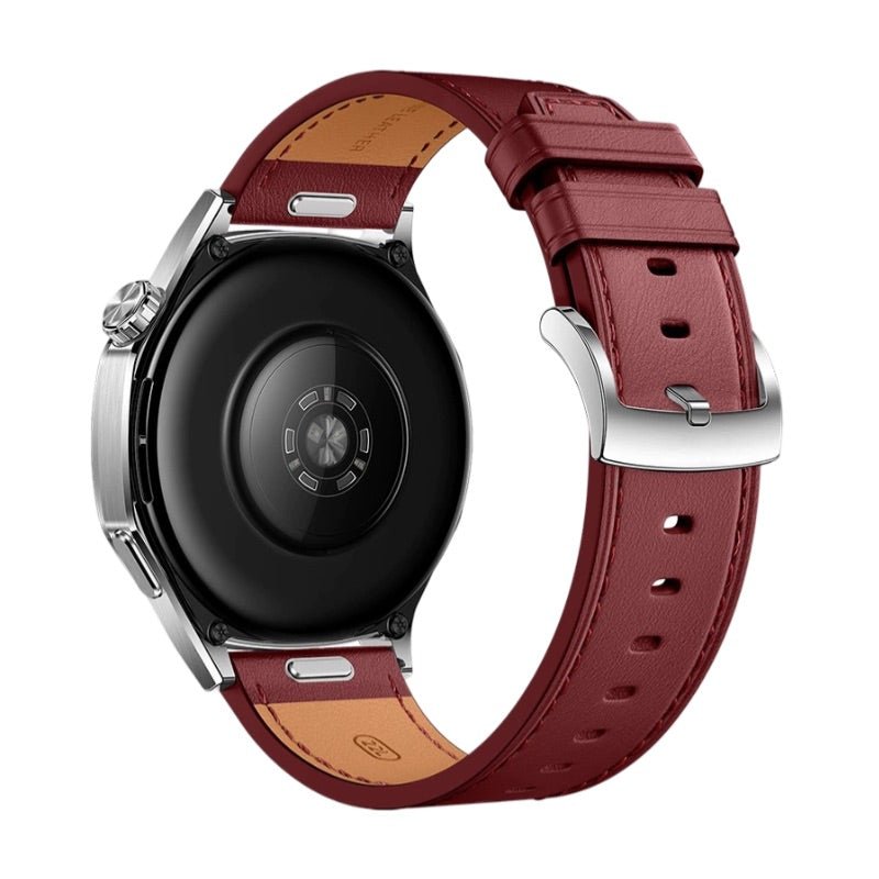 Bracelet de montre en cuir bordeaux pour Huawei Watch avec boucle argentée et coutures visibles.