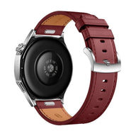Bracelet de montre en cuir bordeaux pour Huawei Watch avec boucle argentée et coutures visibles.
