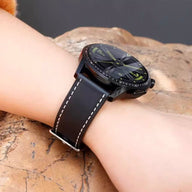 Bracelet de montre en cuir marron foncé avec coutures blanches pour Huawei Watch Lujo.