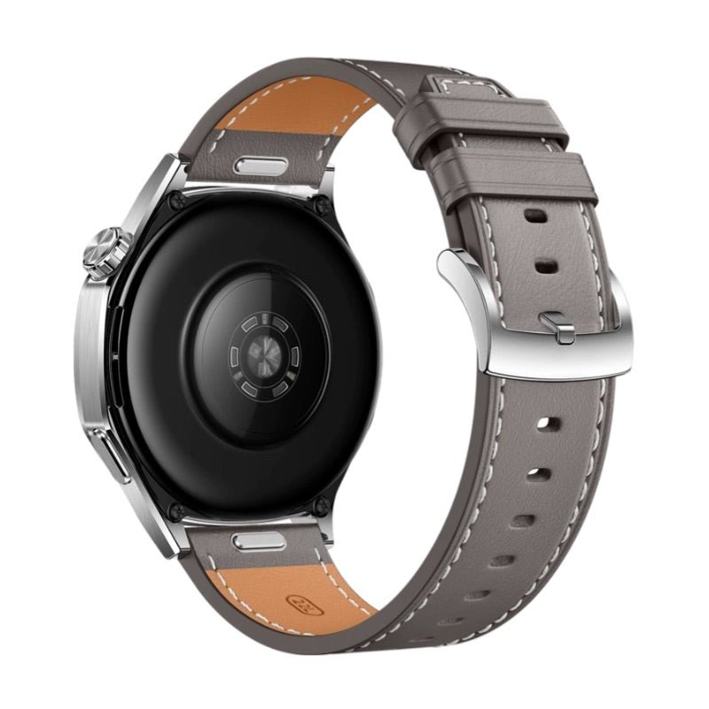 Bracelet en cuir gris clair pour montre Huawei Watch, boucle en acier inoxydable, coutures assorties.