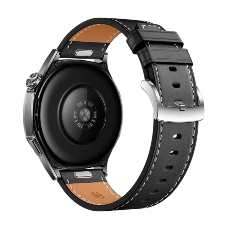 Bracelet de montre connectée en cuir noir avec boucle argentée, intérieur marron, compatible Huawei Watch Lujo.