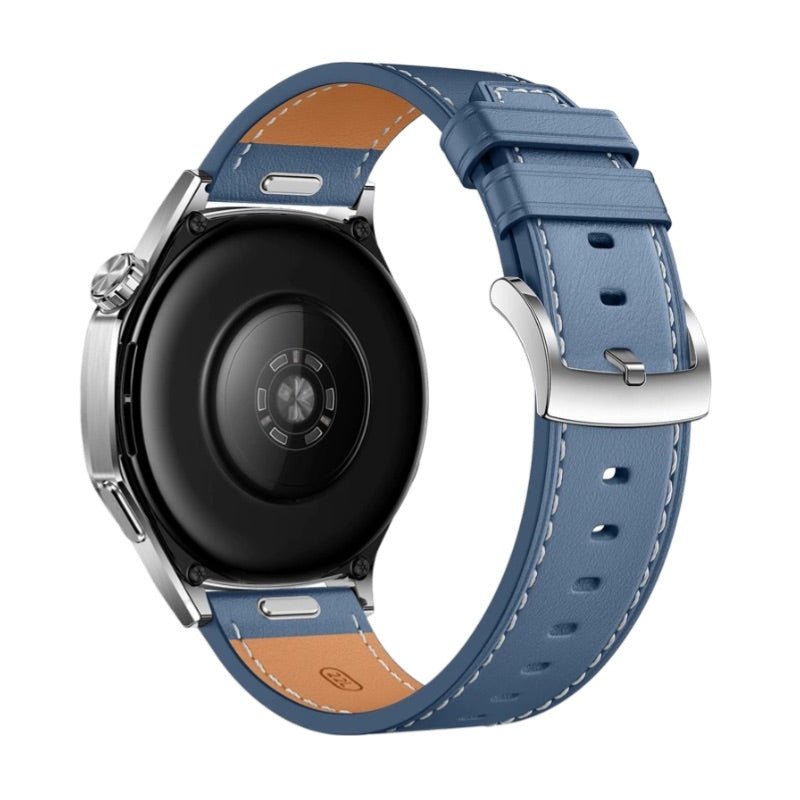 Bracelet en cuir bleu pour montre connectée Huawei Watch, boucle ardillon argentée.