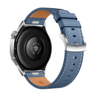 Bracelet en cuir bleu pour montre connectée Huawei Watch, boucle ardillon argentée.