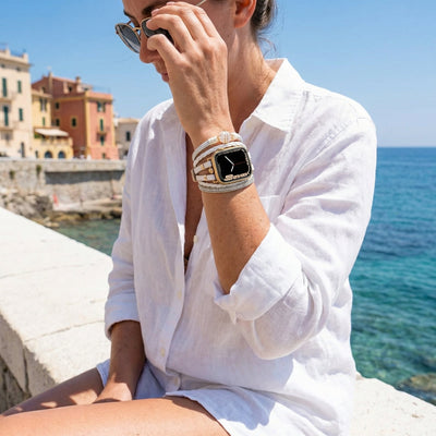 Mehrreihiges Armband für Smartwatch, Apple Watch, goldfarben und Süßwasserperle, für Damen, Modell Arix
