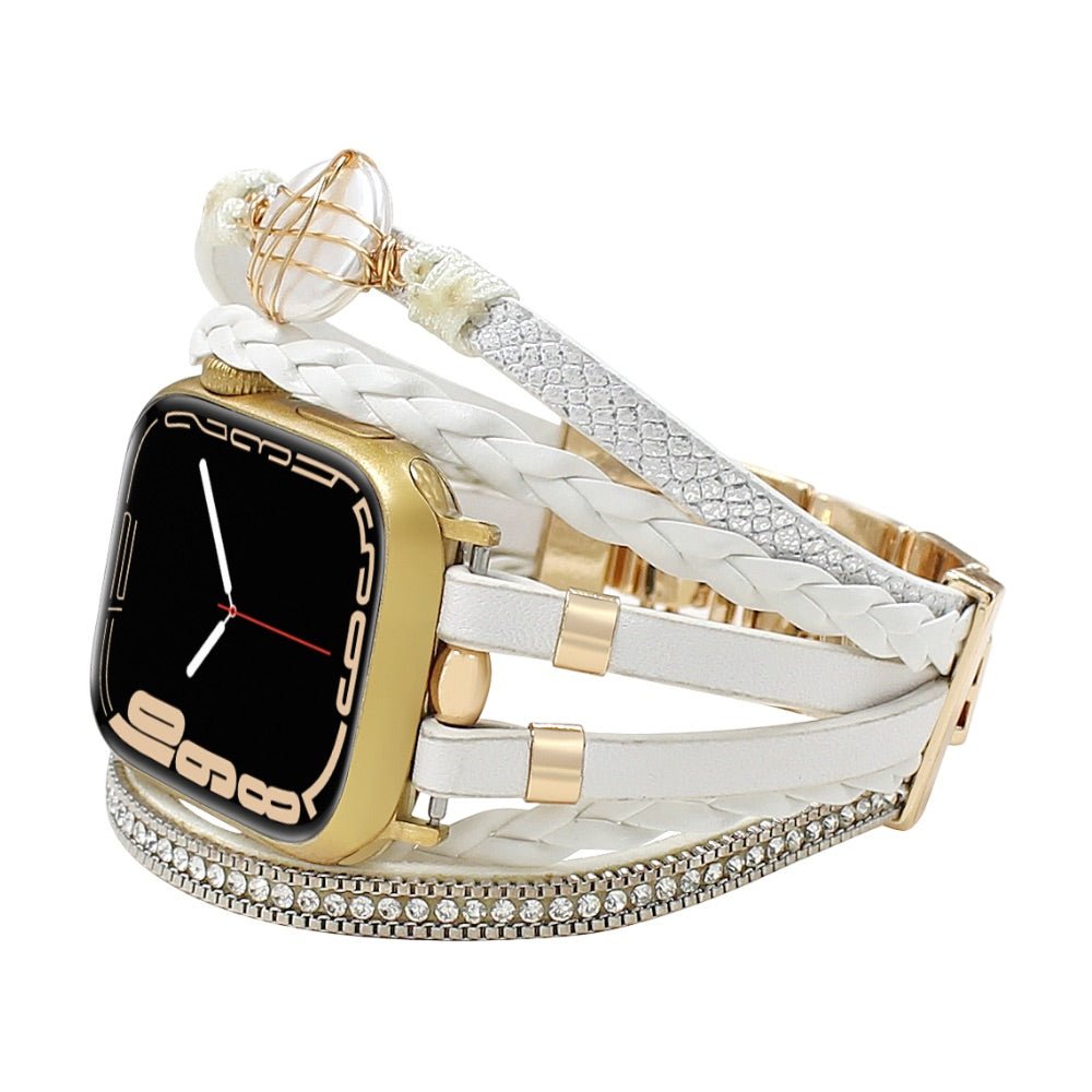 Bracelet multi-rangs blanc en cuir et perle d'eau douce dorée pour Apple Watch, modèle Arix.