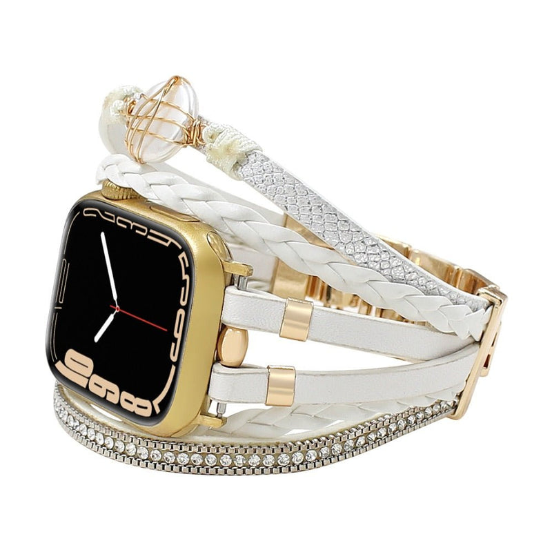 Bracelet multi-rangs blanc en cuir et perle d'eau douce dorée pour Apple Watch, modèle Arix.