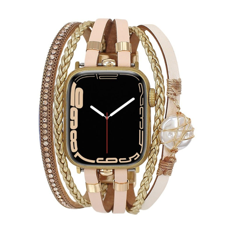 Bracelet multi-rangs rose et doré pour Apple Watch avec perle d'eau douce et chaînes tressées.