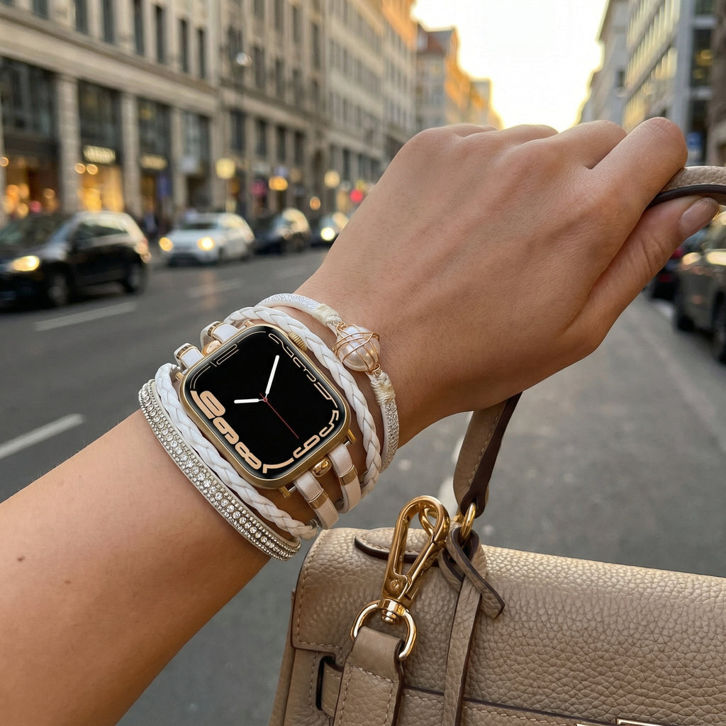 Mehrreihiges Armband für Smartwatch, Apple Watch, goldfarben und Süßwasserperle, für Damen, Modell Arix