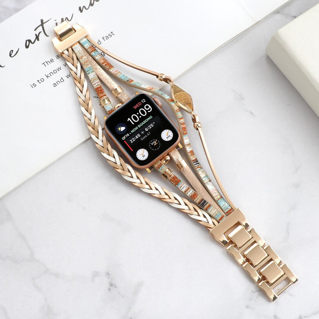 Bracelet multi-rangs en pierres naturelles tons beige et or pour Apple Watch avec fermoir métallique rose gold.
