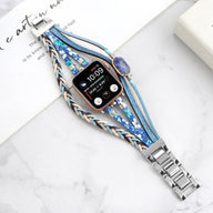 Bracelet multi-rangs pour Apple Watch avec pierres naturelles bleu clair et métal argenté, style Adla.