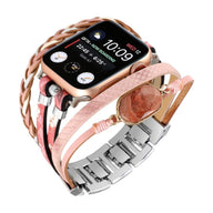 Bracelet Apple Watch multi-rangs femme rose, cuir texturé, pierre naturelle ovale, acier argenté.