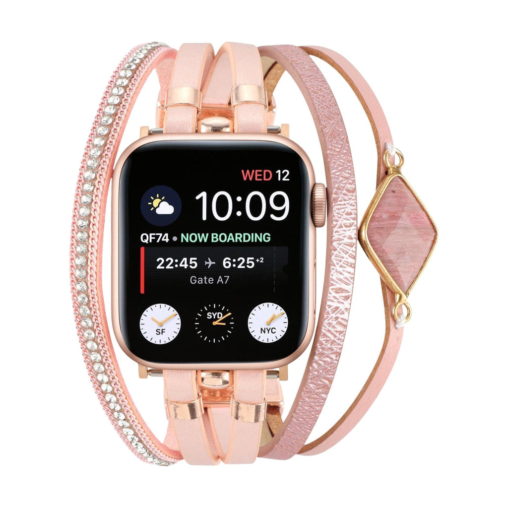 Bracelet multi-rangs rose poudré pour Apple Watch or rose avec pierres naturelles et strass brillants.