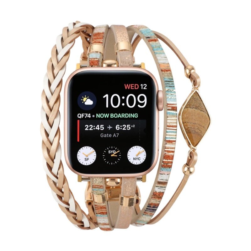 Bracelet multi-rangs beige et or avec pierres naturelles pour Apple Watch femme, style tressé et fin embossé turquoise.