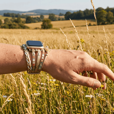 Mehrreihiges Armband für Apple Watch, geflochtene Bänder und zentraler Stein, für Damen, Modell Adla
